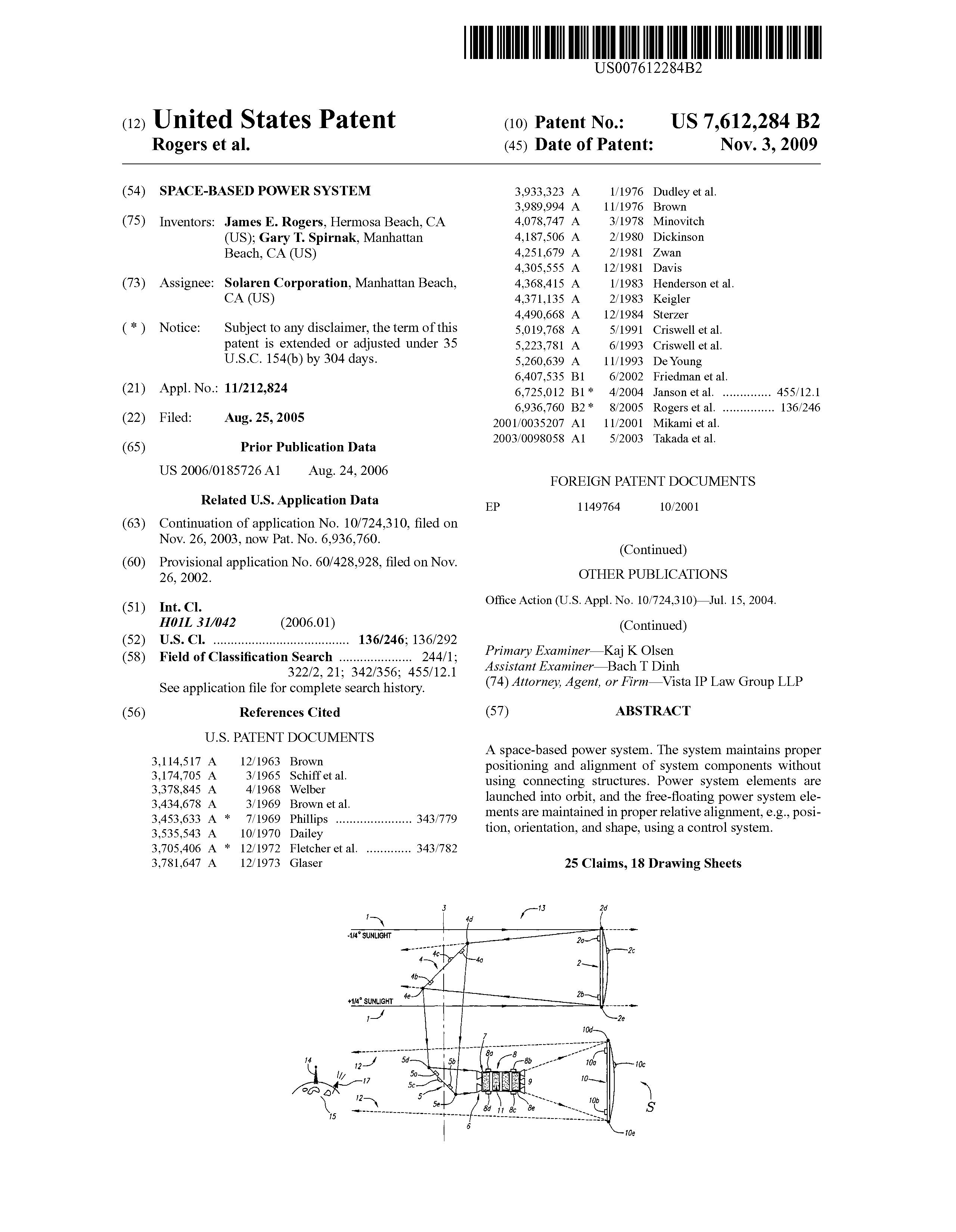 US Patent 7,612,284 B2 - Space-Based Power System